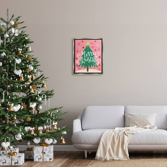 Stupell Industries Merry Christmas Pink Starry Pattern Framed Floater Canvas Wall Art